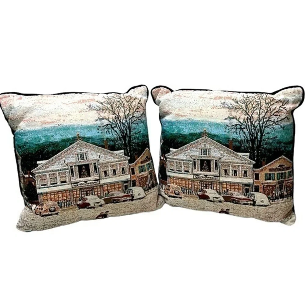 Norman Rockwell Main Street At Christmas Tapestry Accent Pillows Set of 2